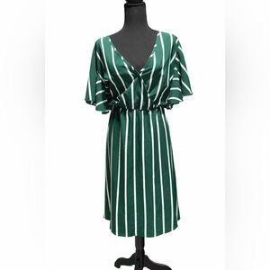 Green White Striped Midi Dress Women’s 2XL Flutter Sleeve Elastic Waist